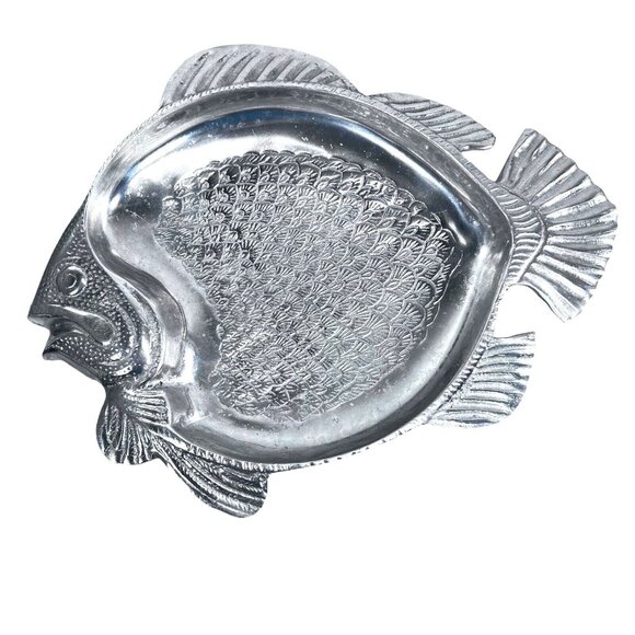 Unbranded Other - Vtg Fish Aluminum Pewter Serving Bowl Tray Platter Metal Fins Scales MCM